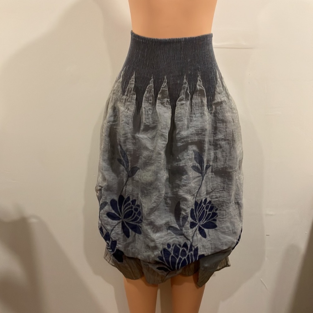 Lapis Boho Silver Gray Metallic Bubble Pleated Sheer Panel Drop Waist Skirt